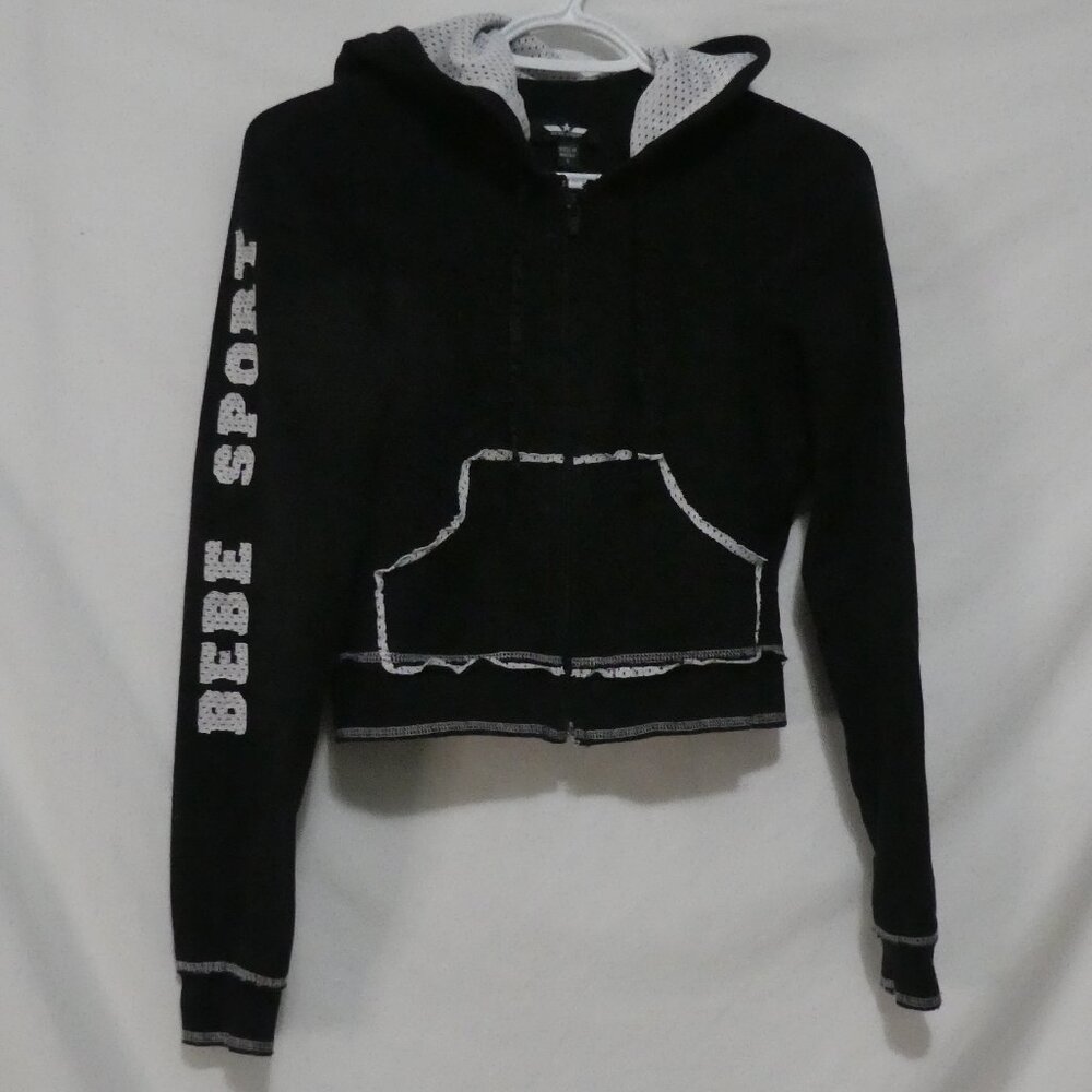 BEBE SPORT | small | Black & White Cropped Mesh Lined Hoodie | Logo & Stripes